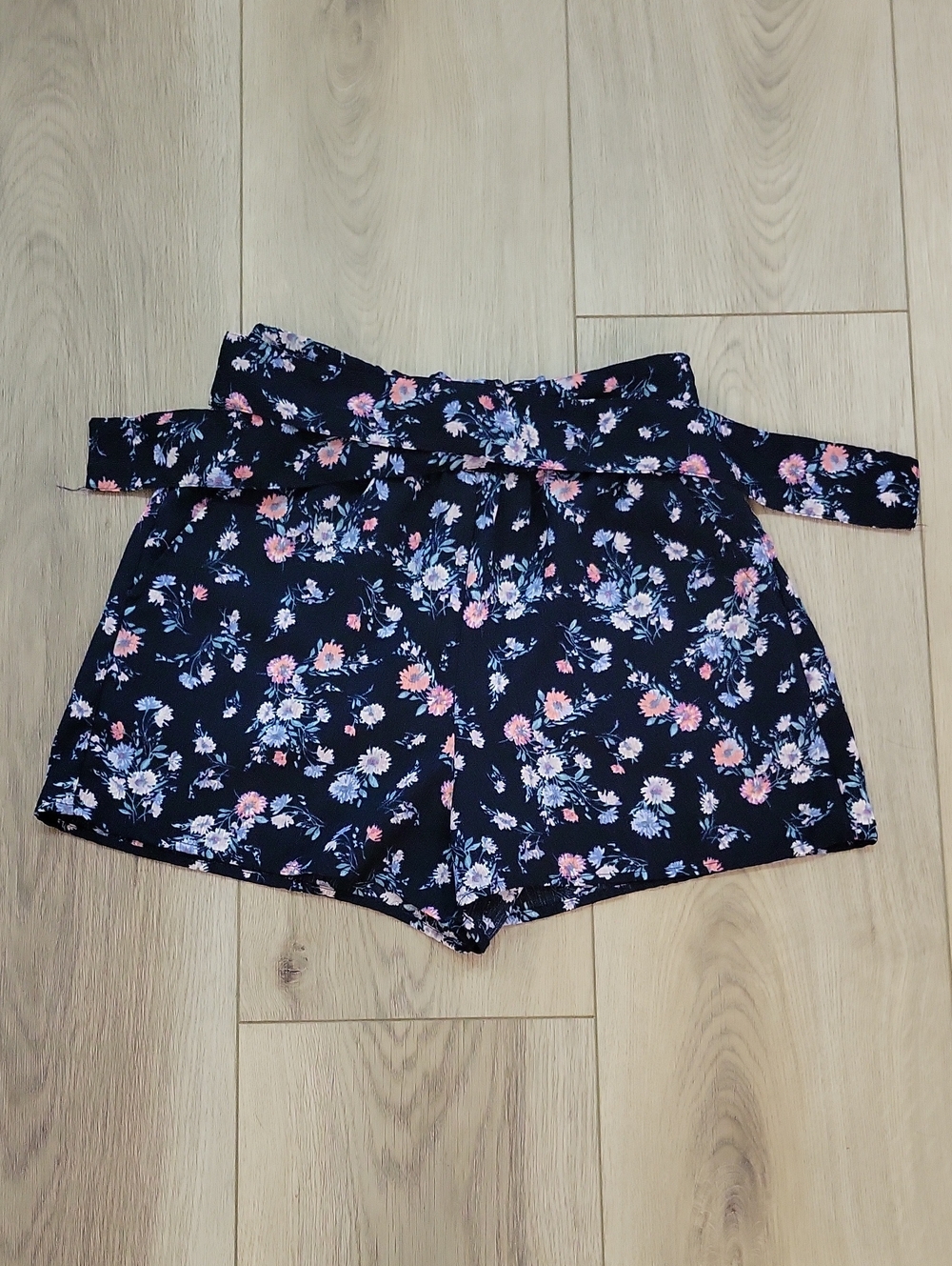 Copper Key Navy Floral Tie-Waist Shorts with Pink & Light Blue Flowers